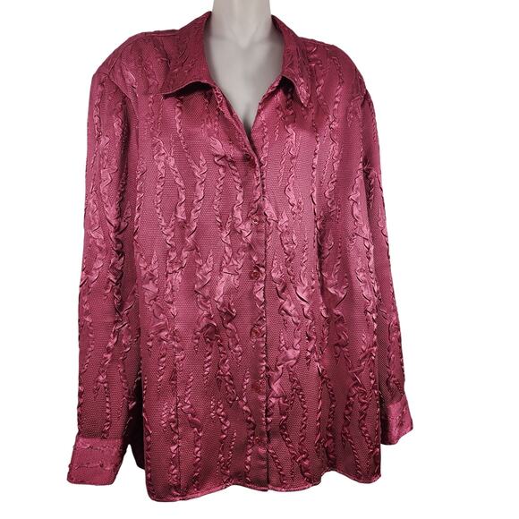Maggie Barnes Womens Shirt Plus 2X Textured Satin Crinkle Button Front Feminine - Picture 1 of 10